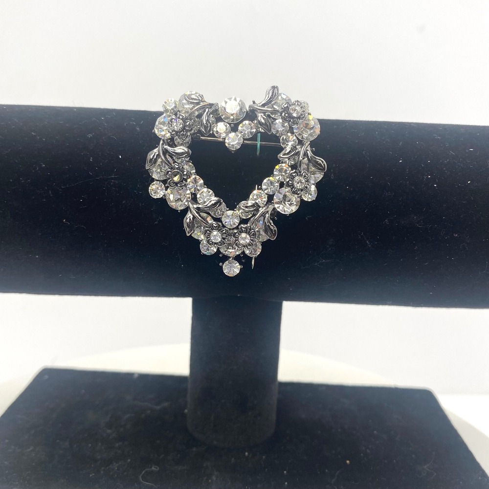 Vintage Rhinestone Heart Brooch Floral Gunmetal Silver Tone Pin